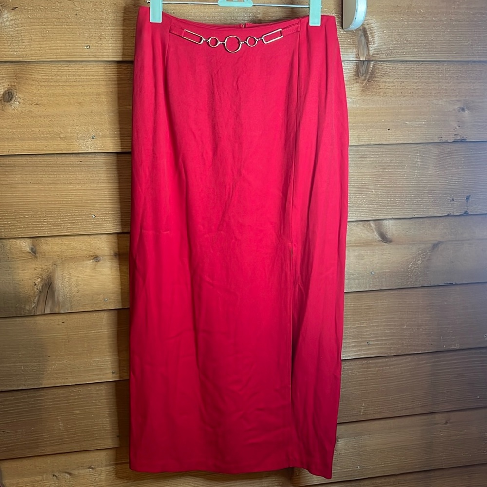 Vintage String Bean 80s Pencil Maxi Skirt Geometric Chain Belt Office
